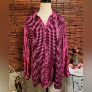 Vibrant Pink Checkered Women's Button Down Shirt